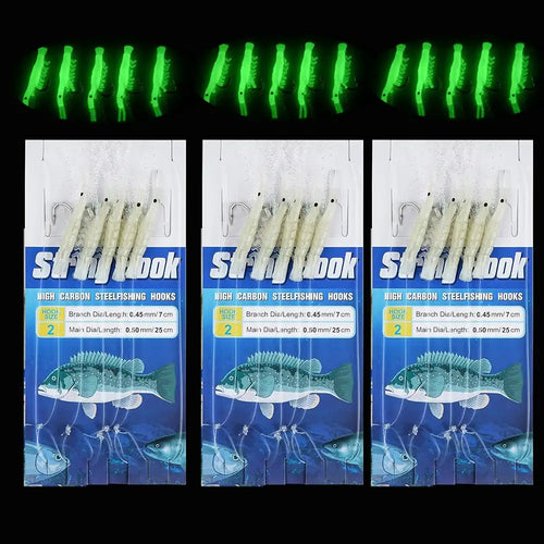 Pack of luminous shrimp fishing bait rigs showing multiple white shrimp lures on cards