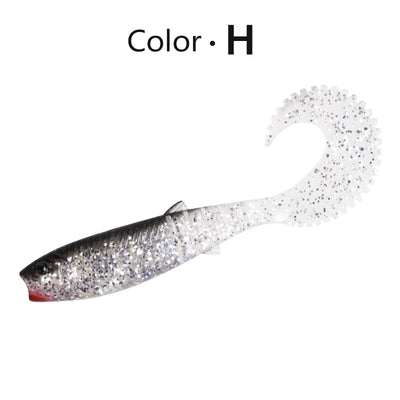 Soft shad silicone fishing lure, silver sparkle body, curved paddle tail