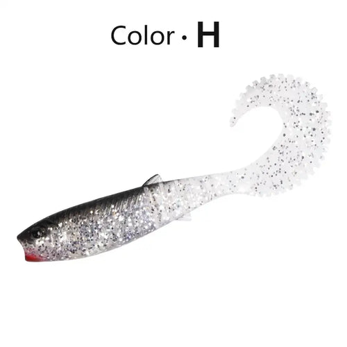 Soft shad silicone fishing lure, silver sparkle body, curved paddle tail