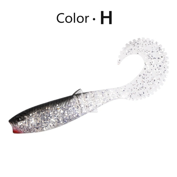 Soft shad silicone fishing lure, silver sparkle body, curved paddle tail