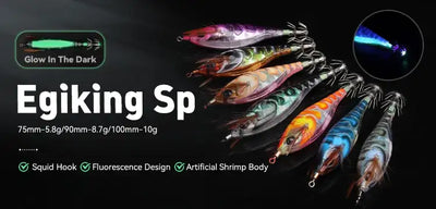 Assorted EGI-style squid jig lures with silver hook skirts and artificial shrimp-style bodies