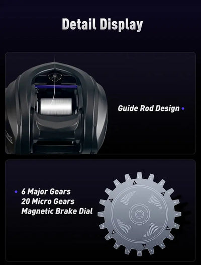Black baitcasting reel showing guide rod design and internal gear layout