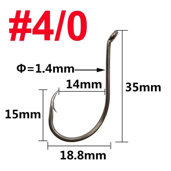 #4/0 drop shot hook size diagram, dark metal J-hook with eyelet and dimensions
