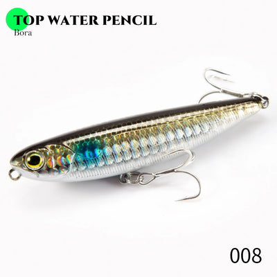 Top water pencil lure, metallic blue and green boro pattern with treble hooks