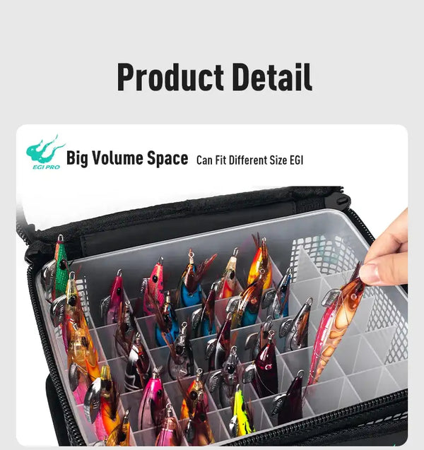 Black storage bag with clear mesh lid; holds colorful lures in divided grid tray