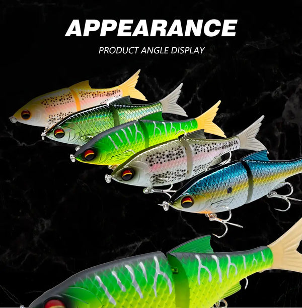 Set of Hunthouse Flextail 135 jointed swimbaits, assorted colors with feather tails and treble hooks