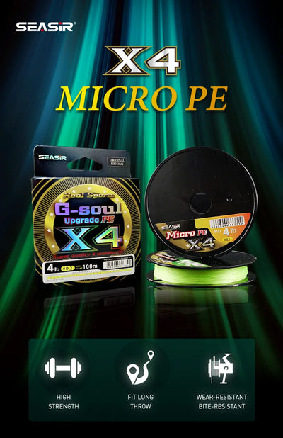 Micro PE braided fishing line package with bright green line on black spool