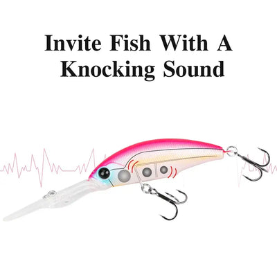 Hard body suspending minnow lure in pink-red and white with multiple treble hooks