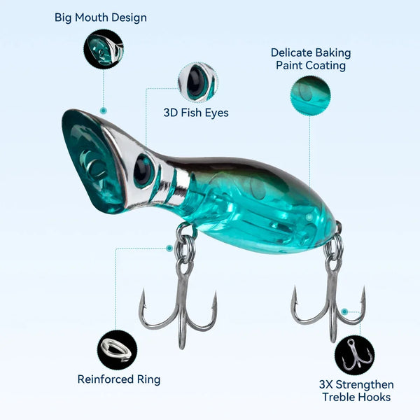 Teal open-mouth popper fishing lure with 3 treble hooks and metal split ring