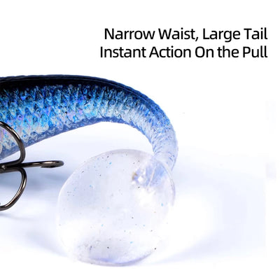 Blue iridescent soft lure tail detail with treble hook and body markings