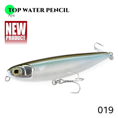 Floating pencil fishing lure in silver-gray with gold eye and treble hooks