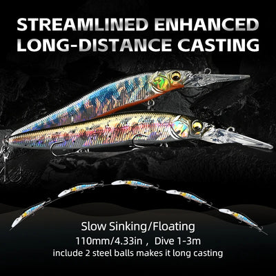 110mm long-casting jerk bait lure, translucent silver and rainbow scales, two treble hooks