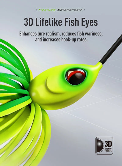Spinnerbait head close-up with lifelike green eye and bright green 3D skirt strands.