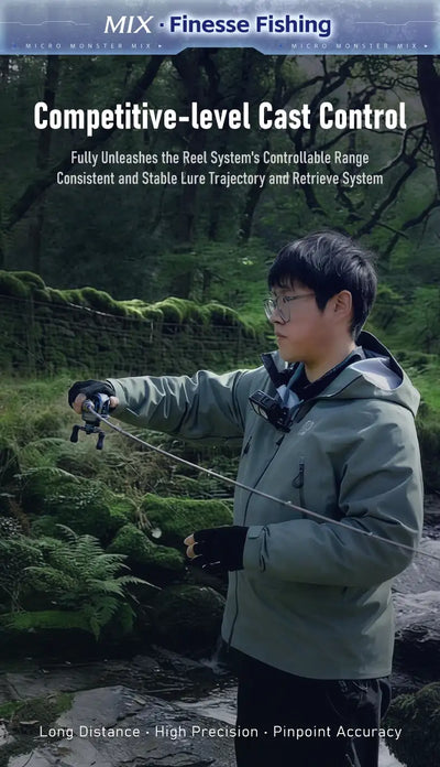 Ultralight baitcasting fishing reel with metallic gray body and black handle, in use