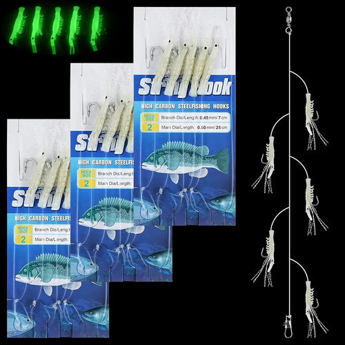 Luminous shrimp fishing bait rig set in package, multiple white glow shrimp lures