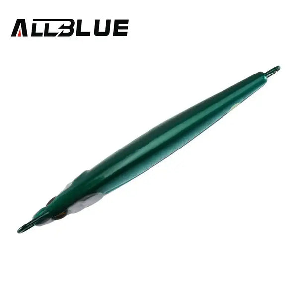 Slim metal fishing jig lure, dark green body with pointed nose