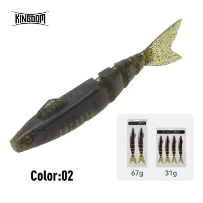 Single jointed soft swimbait lure, olive-green speckled color 02 with fork tail
