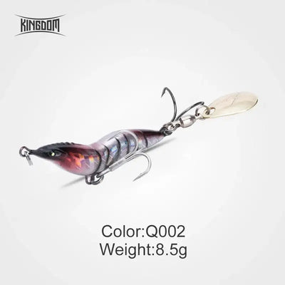 Artificial shrimp fishing lure, dark blue-purple metallic with red highlights, silver spinner blades
