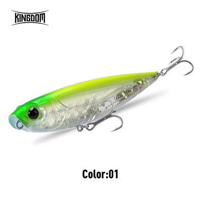Floating topwater fishing lure, silver-green body with bright green top, 2 treble hooks