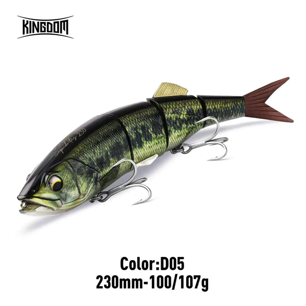Multi-jointed hard fishing lure, green-black pattern with treble hooks