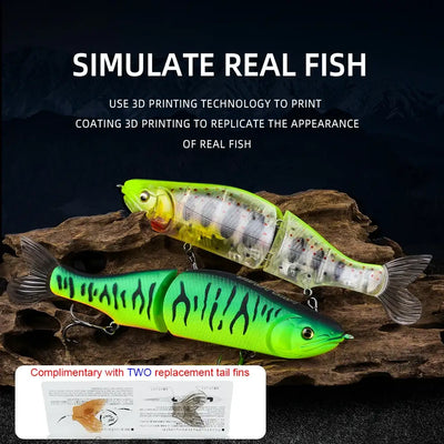 Jointed minnow fishing lure with clear body, yellow-green highlights, and silver fins