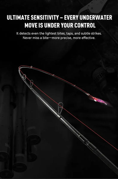 Squid fishing rod with purple accents, multiple guides, and red trim markings