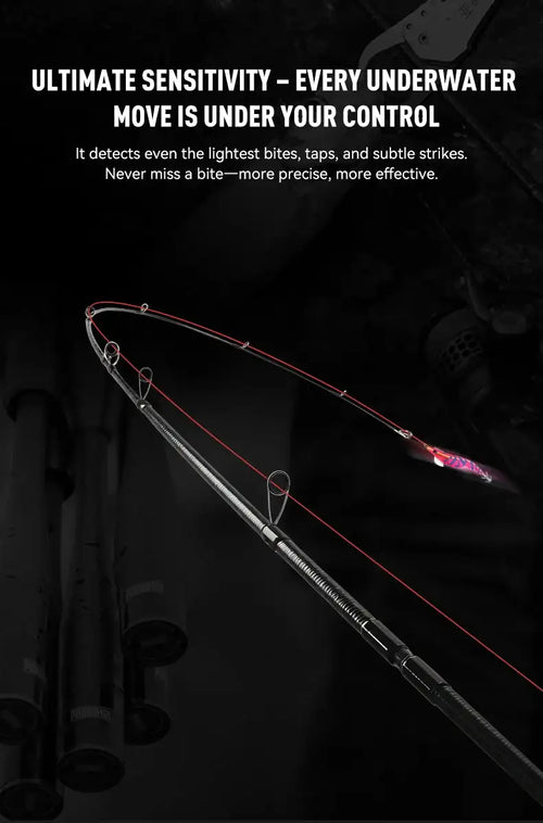 Squid fishing rod with purple accents, multiple guides, and red trim markings