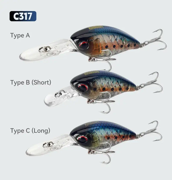 Set of three floating crankbait minnow lures in blue-brown and silver with treble hooks
