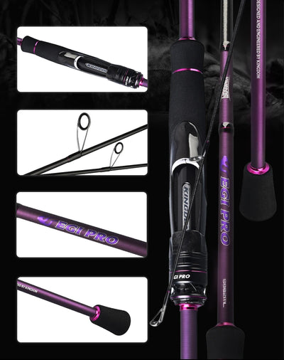 Purple squid jigging rod with black EVA handle, reel seat, and multiple line guides