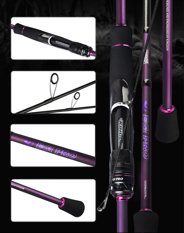 Purple squid jigging rod with black EVA handle, reel seat, and multiple line guides