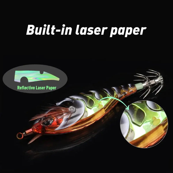 Squid jig lure with reflective laser-paper body, green highlight and multi-prong tentacle hooks
