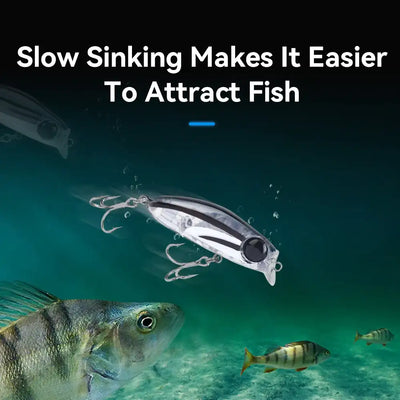 Silver micro minnow sinking lure with dark back and treble hooks