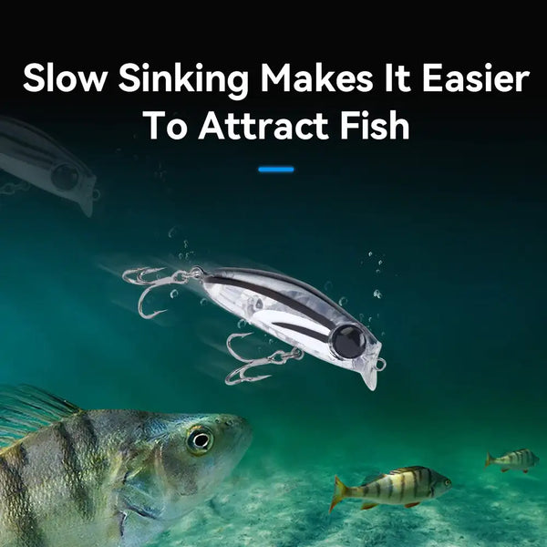 Silver micro minnow sinking lure with dark back and treble hooks
