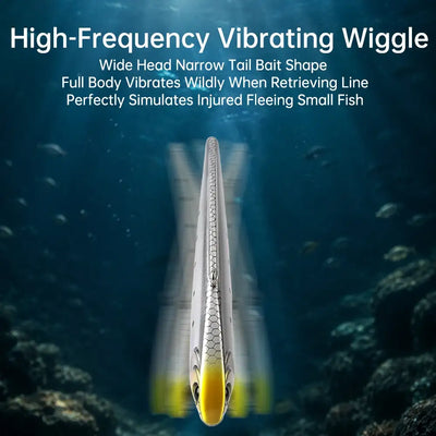 Single vibrating lipless crankbait, silver-white body with yellow belly, treble hooks