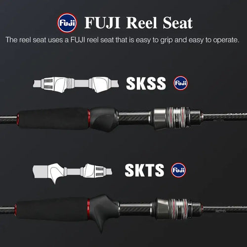 FUJI SKSS reel seat on spinning rod with black foam grips and silver hardware