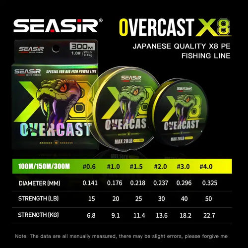 SEASIR Overcast X8 PE Fishing Line 8 Braided Multifilament Japan Quality 100M-300M 15-50LB  Main Line For Big Fish Power Line -  - Cast N Go