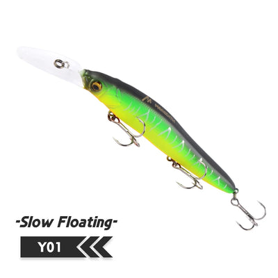 Fishing lure minnow hard bait, green chartreuse sides with black back, three treble hooks