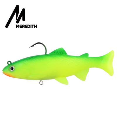 Weighted soft swimbait lure, neon green with yellow belly, 3D eyes, T-tail, treble hook