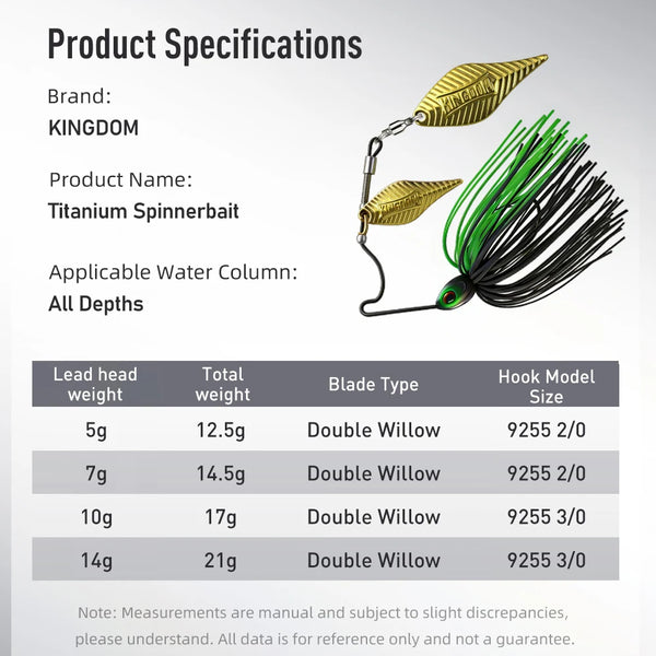 Titanium spinnerbait with gold double willow blades, red-green head, black and green skirt.