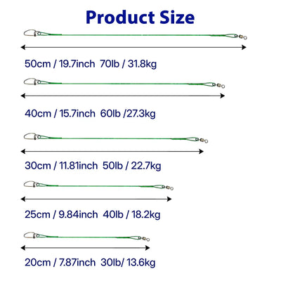 Green steel fishing wire leaders size chart with multiple lengths and lure leader connections