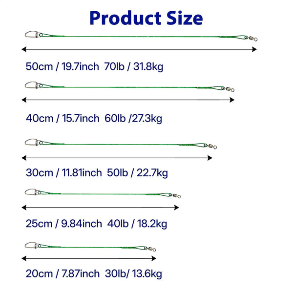 Green steel fishing wire leaders size chart with multiple lengths and lure leader connections