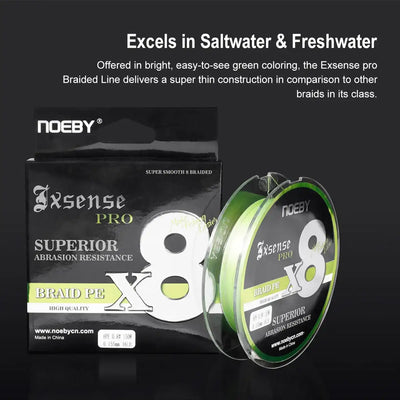 Noeby Ixense Pro X8 braided line with fluorescent green spool and package