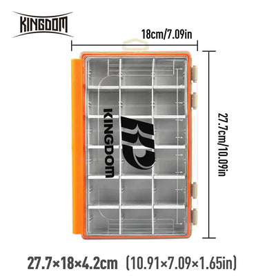 Orange-edged fishing tackle box with transparent lid and grid divider compartments