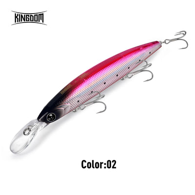 Sinking fishing lure with pink and silver body, black eye, three treble hooks