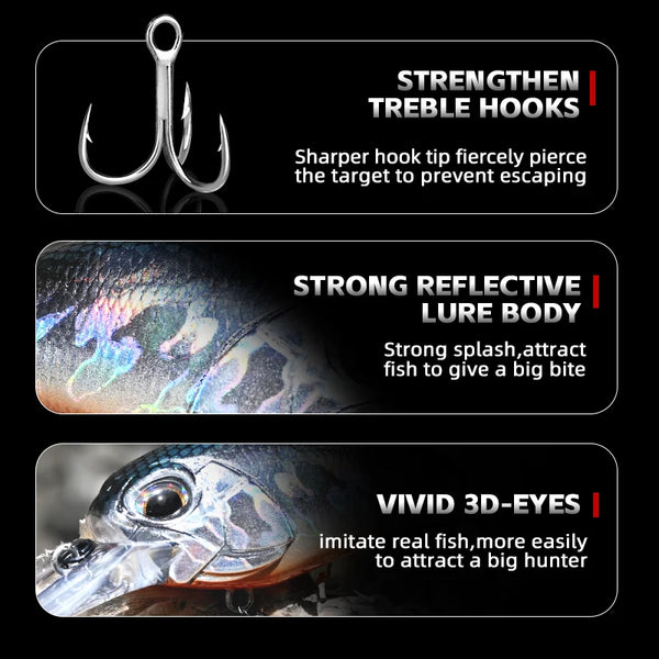 Close-up crankbait lure detail highlighting strong treble hooks and glossy reflective body