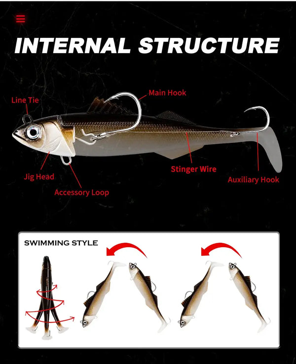 Gold soft swimbait lure internal structure showing jig head, main and auxiliary hooks