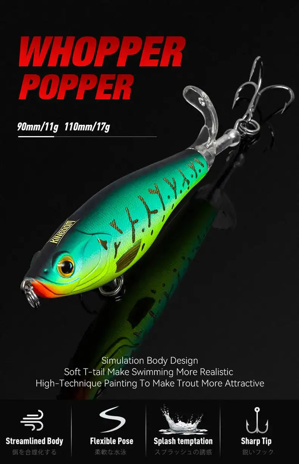 Teal floating topwater popper lure with split tail fin, chrome treble hooks, realistic markings
