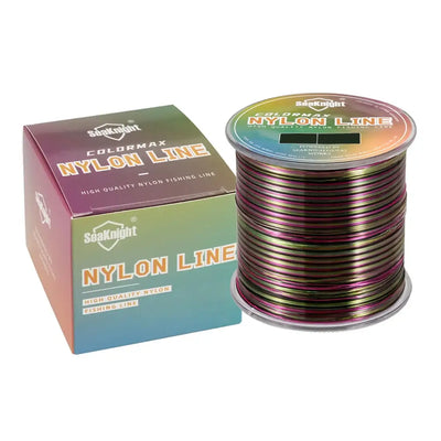 Multicolor nylon fishing line spool with product box.