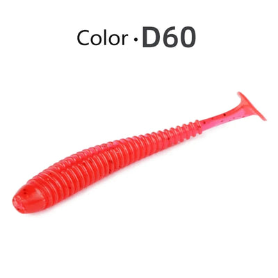 Soft paddle tail swimbait lure, Color D60: bright red ribbed body with red tail.