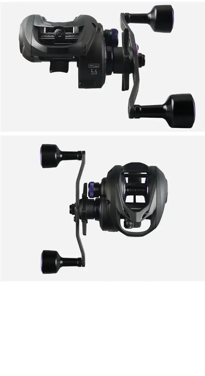 Black baitcasting fishing reel with dual handle grips and compact frame, side views